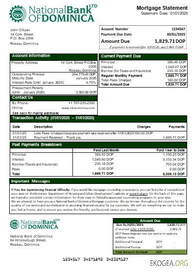Dominica National Bank of Dominica relevé hypothécaire bancaire scr